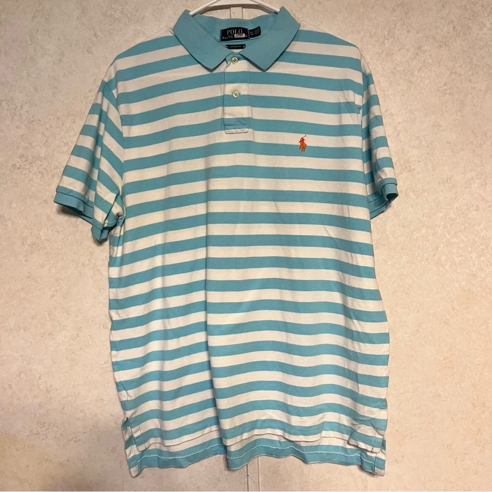 Ralph‎ Lauren Men's Aqua and White Striped Polo Shirt